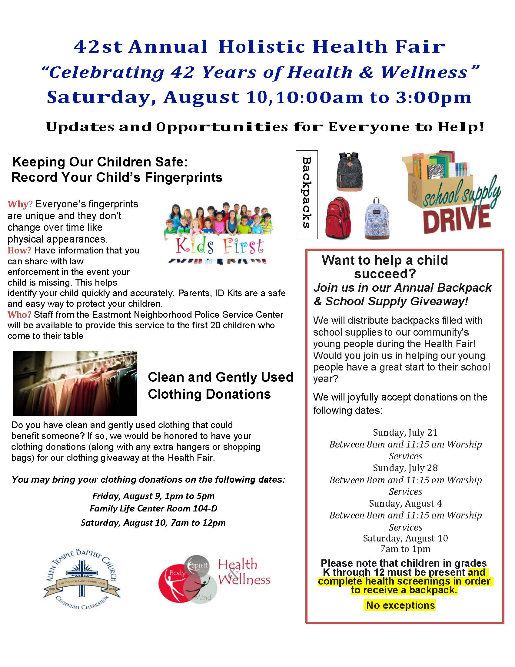 2019 Health Fair Flyer Clothing and BackPack Giveaway