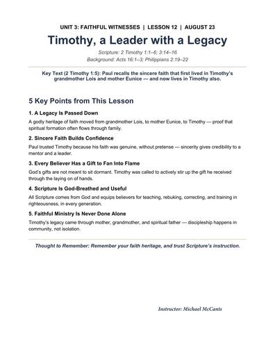 Sunday, August 23, 2026 Addendum - Timothy Legacy of Leadership (Bro. Michael McCants)